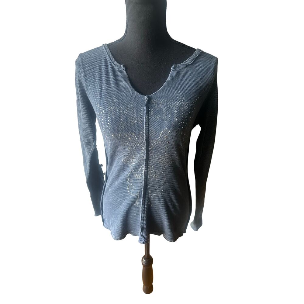 Affliction Gothic Live Fast Waffle Thermal Rhinestone Cold Shoulder M